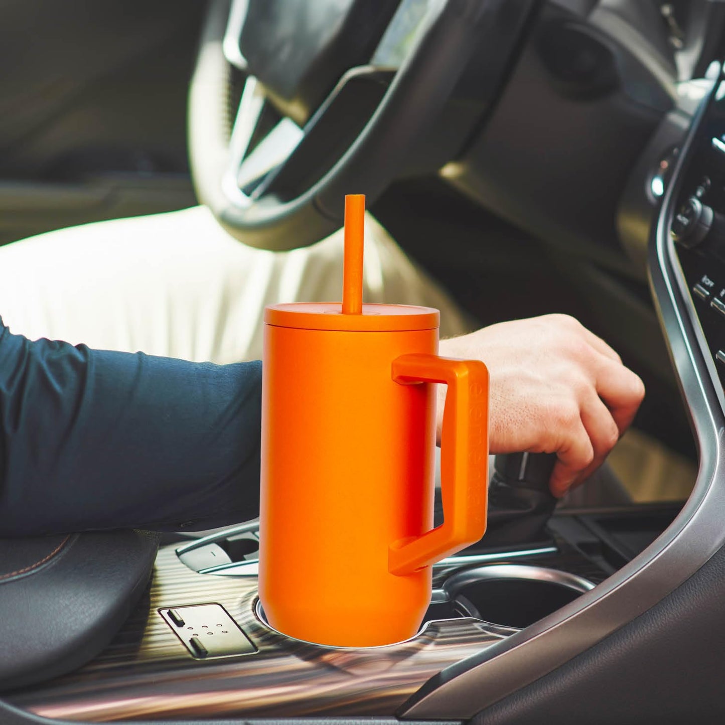 Elemental 40 oz Tumbler with Handle and Straw - Spill Proof Insulated Stainless Steel Commuter for Hot and Cold Beverages - Travel Coffee Mug with 2 Straws & Spill Proof Lid - 40oz - Orange