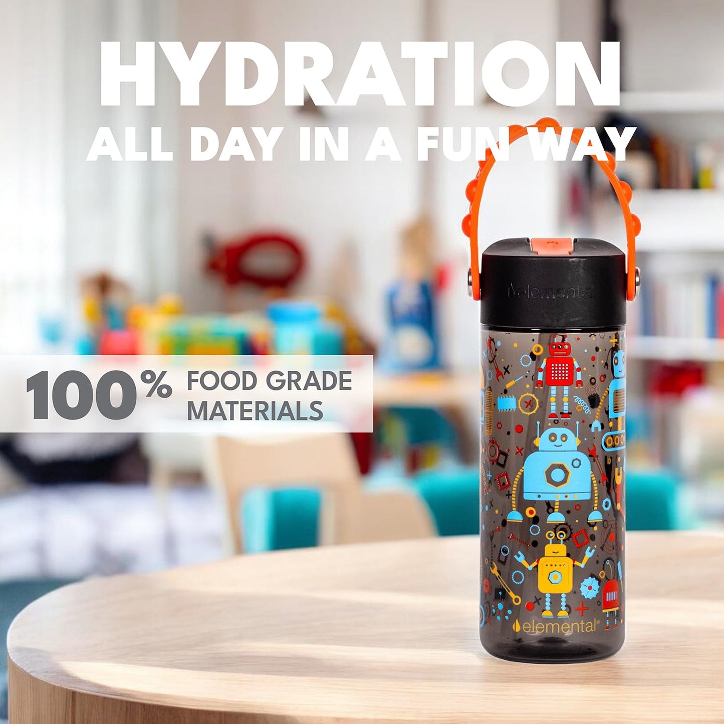 Elemental Leak Proof Water Bottles for Kids - Splash Kids Water Bottle for School with Pop-it Handle - BPA Free Tritan Plastic Reusable Water Bottle with Straw - Blue Robot - 18oz