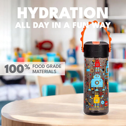 Elemental Leak Proof Water Bottles for Kids - Splash Kids Water Bottle for School with Pop-it Handle - BPA Free Tritan Plastic Reusable Water Bottle with Straw - Blue Robot - 18oz