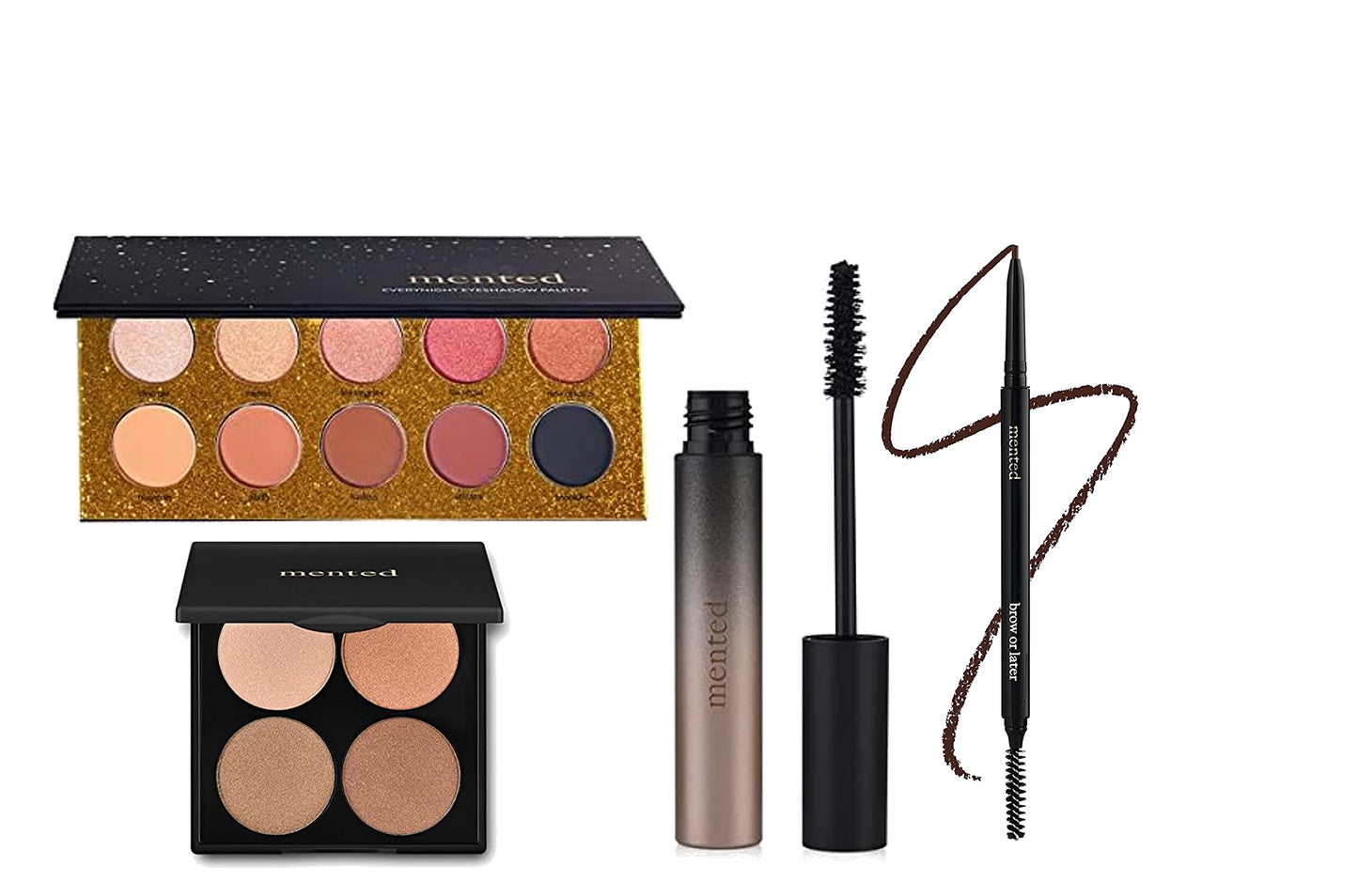 Mented Cosmetics | Nude and Dark Eyeshadows, Everynight Eye Shadow Palette + Gold and Bronze Highlighter, Sunkissed Highlighter Palette + Eyebrow Pencil (Medium Brown) + Long Live the Lash Mascara