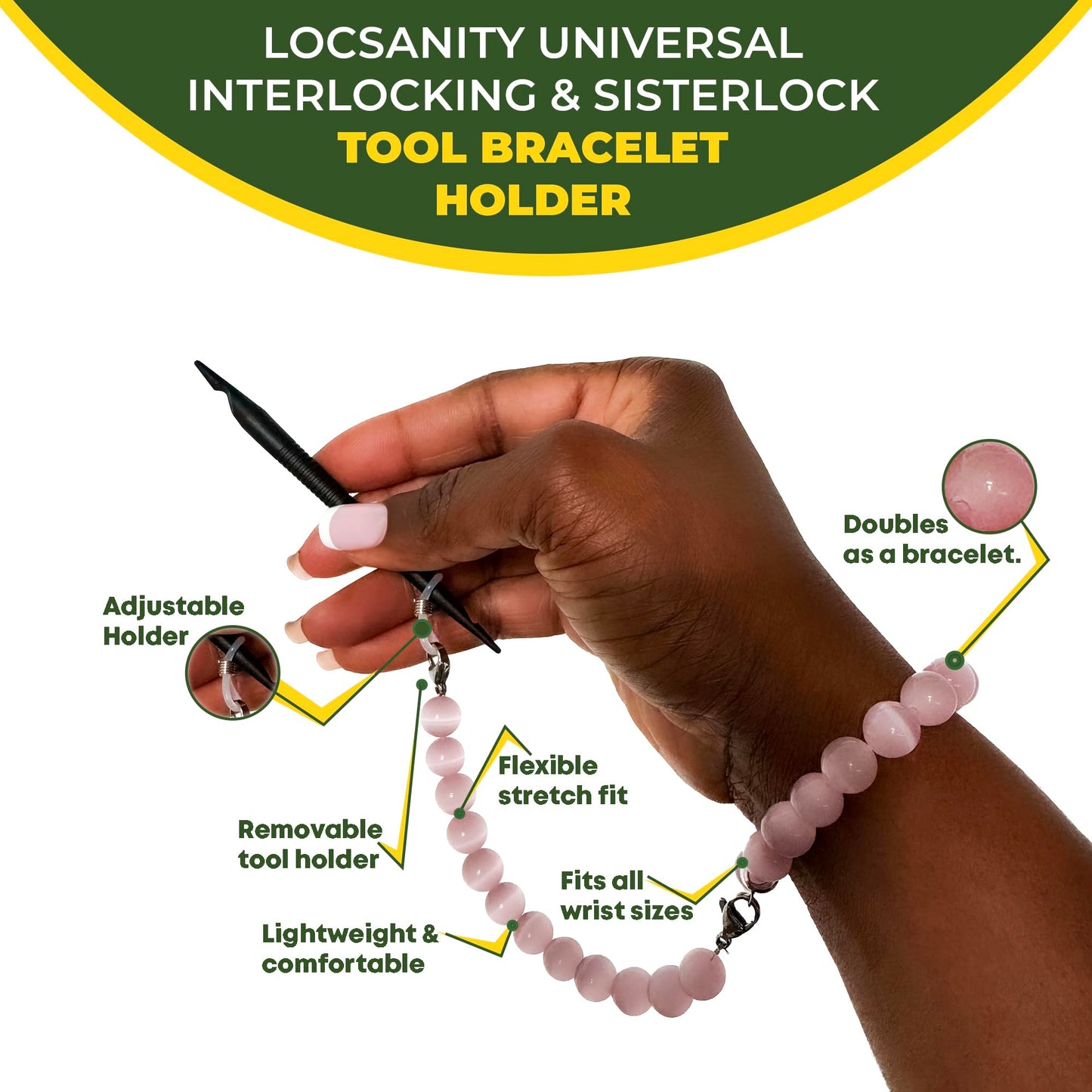 Locsanity Interlocking, Sisterlock, Dreadlock, Crochet Tool Bracelet Holder, Pink Beads (Greens)