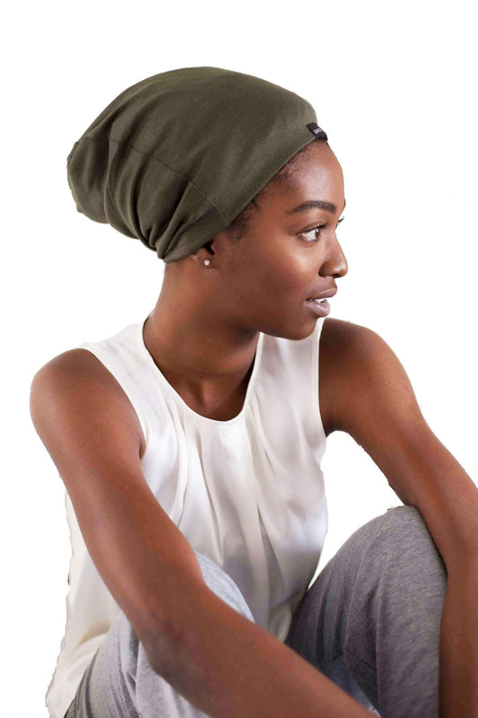 Grace Eleyae GE | Satin Lined Sleep Cap Slap Silky Sleeping Stylish Beanie Hat Premium Quality Head Cover for Curly Hair Women Soft & Smooth Sleep Caps (Olive Green)