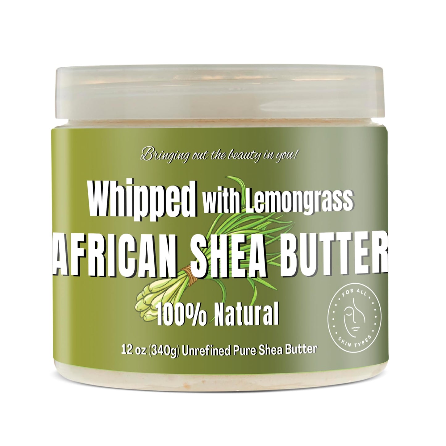 RA COSMETICS Whipped Shea Butter Lemongrass - 100% Pure and Natural African Shea Butter - Handcrafted Moisturizer with Essential Vitamins for Radiant Skin and Luscious Hair - 12oz Jar