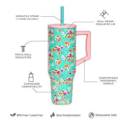Elemental 40 oz Tumbler with Handle and Straw - Spill Proof Insulated Stainless Steel Commuter for Hot and Cold Beverages - Travel Coffee Mug with 2 Straws & Spill Proof Lid - 40oz - Vintage Flower