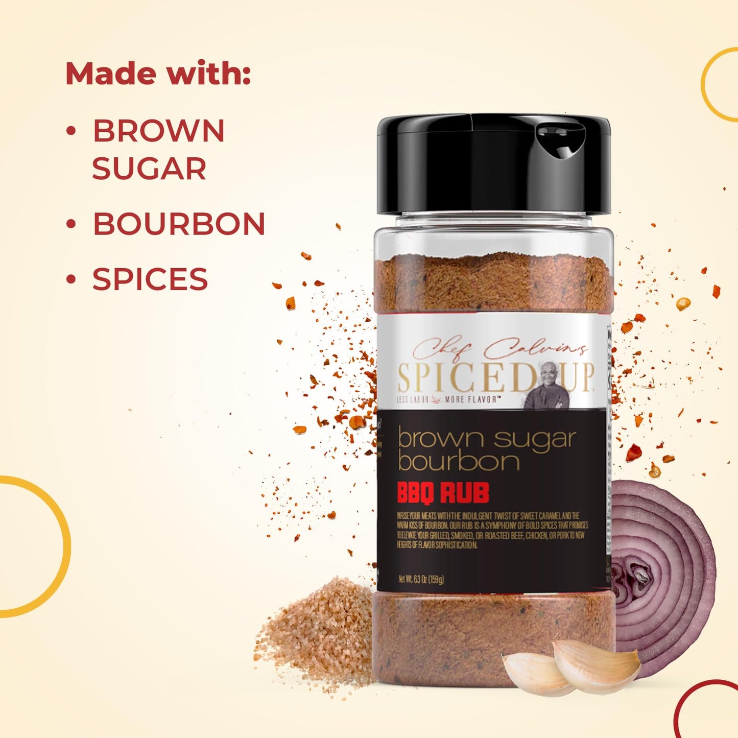 Spiced Up by Chef Calvin Brown Sugar Bourbon BBQ Rub 6.3 oz/180 g -Gourmet BBQ Seasoning with Bourbon Flavor-Perfect for Grilling & Smoking-Premium Dry BBQ Rub with Brown Sugar for Delicious Barbecue