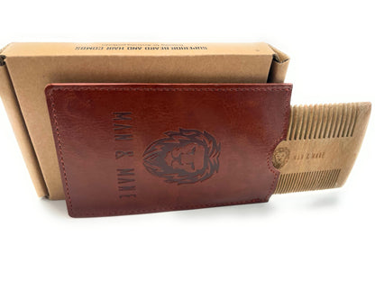 Premium Natural Green Sandalwood Dual-Action Beard Comb with Protective Case – the Perfect Beard & Mustache Grooming Companion & Gift for Men – by Man & Mane