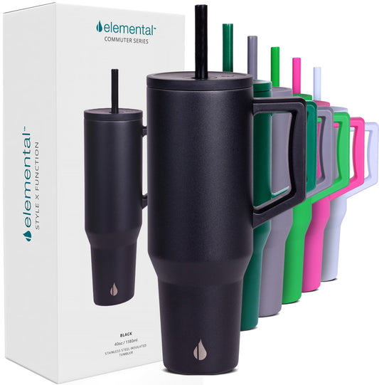 Elemental 40 oz Tumbler with Handle and Straw - Spill Proof Insulated Stainless Steel Commuter for Hot and Cold Beverages - Travel Coffee Mug with 2 Straws & Spill Proof Lid - 40oz - Black