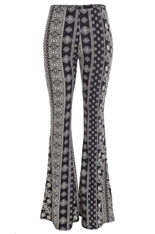 2Chique Boutique Women's Boho Print Brushed Knit Bell Bottoms Color Black and Taupe (Small)