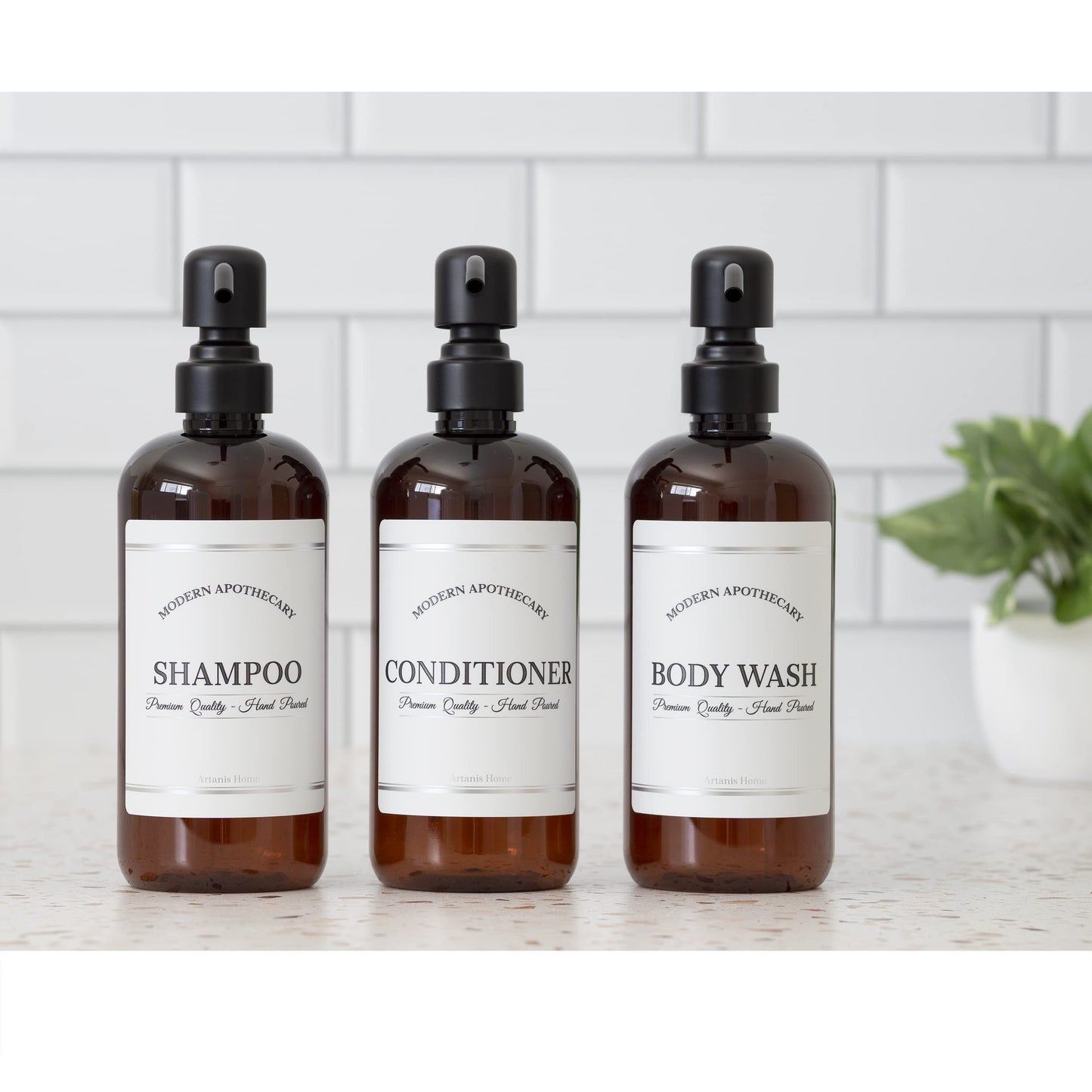 Amber Refillable Shampoo and Conditioner Bottles - Body Wash, Shampoo and Conditioner Dispenser - PET Plastic Shampoo Bottles Refillable with Pump - Waterproof Labels - 16 oz, 3 Pack (Black Satin)