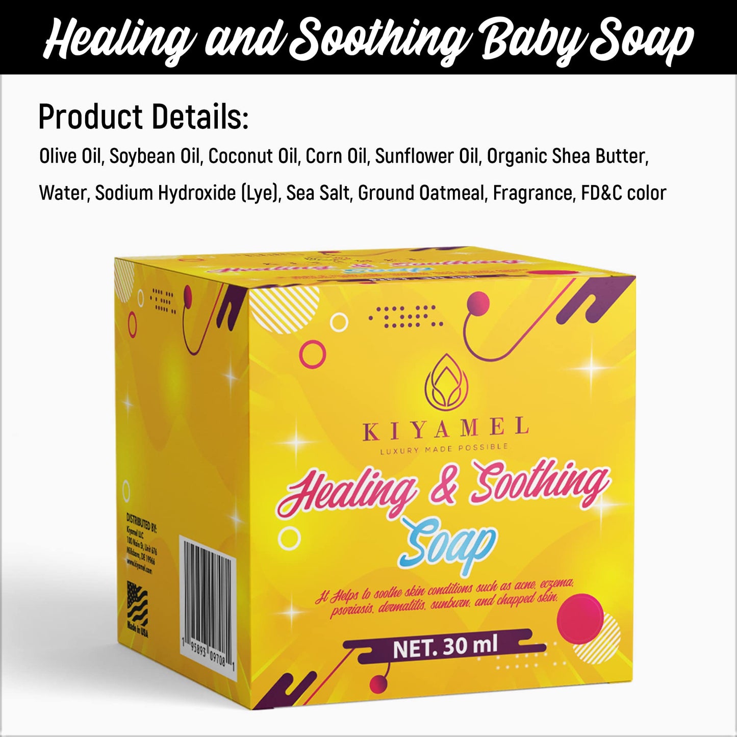 KIYAMEL Baby Healing & Soothing Soap Heals and Prevents Irritated, Dry and Eczema Prone Skin. Organic Shea Butter, Coconut and Sunflower Oil help to Soothe Dermatitis, Psoriasis and Chapped Skin.