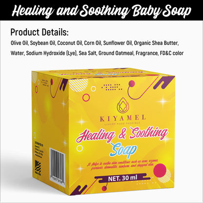 KIYAMEL Baby Healing & Soothing Soap Heals and Prevents Irritated, Dry and Eczema Prone Skin. Organic Shea Butter, Coconut and Sunflower Oil help to Soothe Dermatitis, Psoriasis and Chapped Skin.