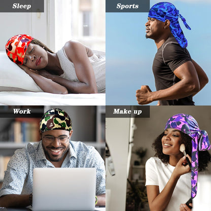 Durags for Men Women Comouflage Silk Durag Designer DuRag with Long Tail Waves du Rags Satin durag Designer durags camo Women Headwrap