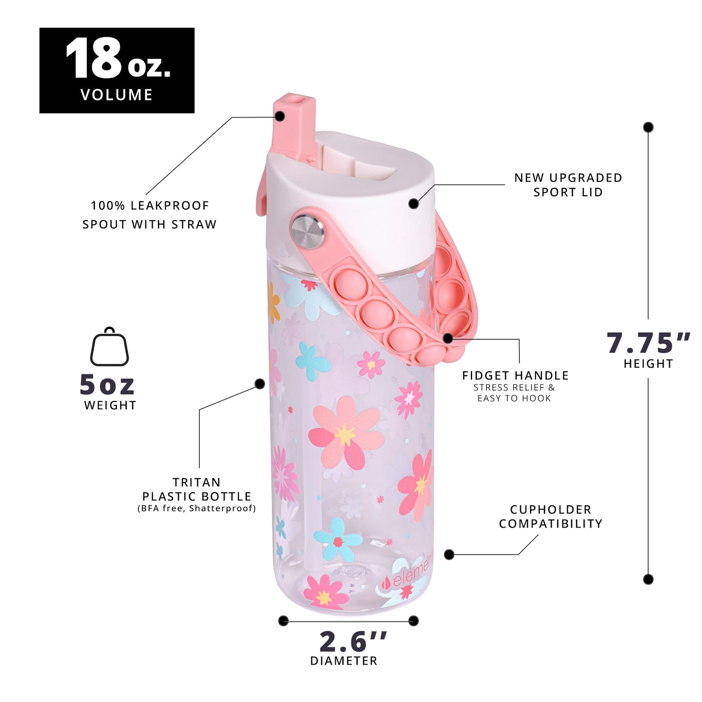 Elemental Leak Proof Water Bottles for Kids - Splash Kids Water Bottle for School with Pop-it Handle - BPA Free Tritan Plastic Reusable Water Bottle with Straw - Spring Blossom - 18oz