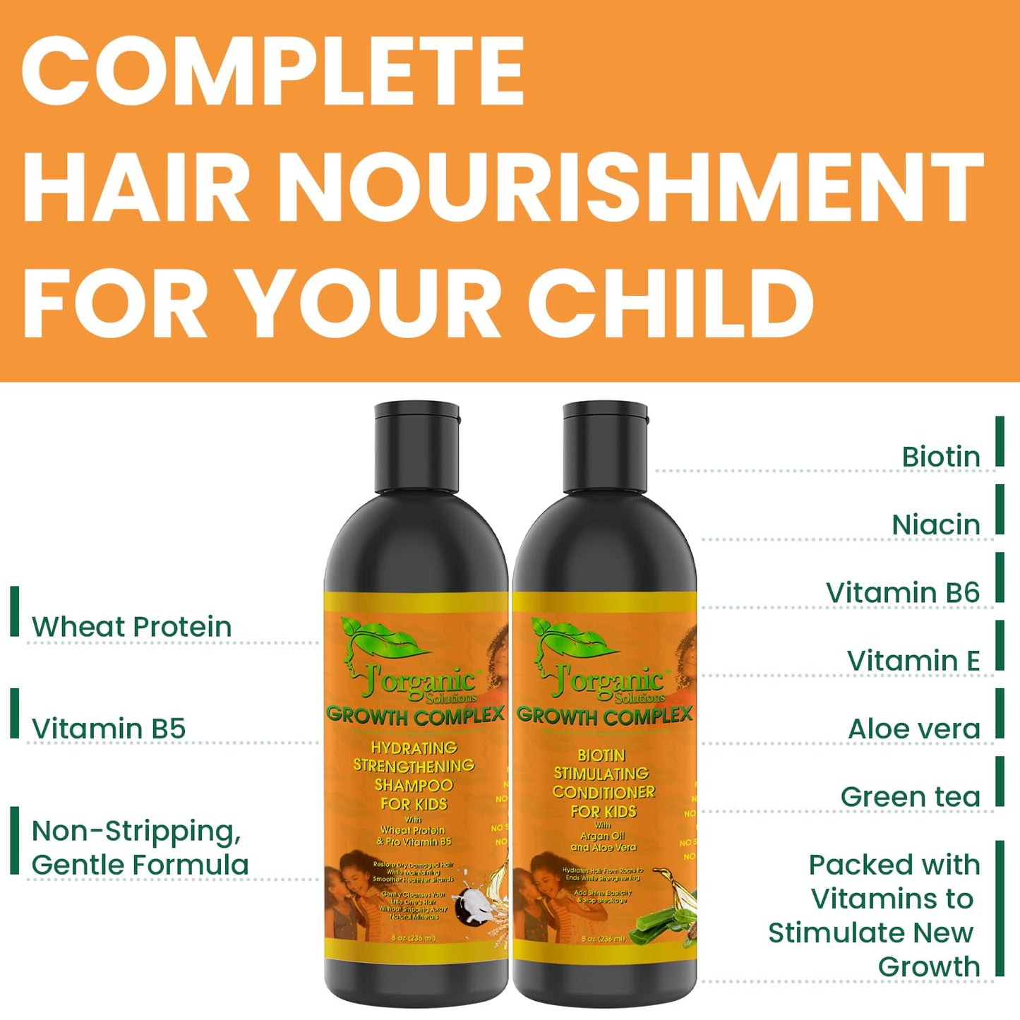 J'Organic Solutions Kids shampoo & Conditioner Hydrating and Strengthening- with Biotin- Phthalates-Free, No Sulfate, Paraben-free Baby And Toddler Shampoo and Conditioner (8 Fl oz)