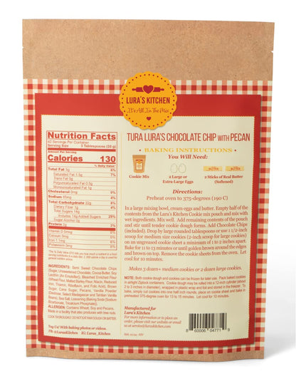 LURA’S KITCHEN IT’S ALL IN THE MIX - Tura Lura’s Chocolate Chip with Pecans (makes 36+ medium cookies) - Gourmet Dry Cookie Dough Mix – American-sourced ingredients – 100% Responsibly Sourced Semi Sweet Chocolate Chips– Texas Pecans - Easy, Fast, No Mess