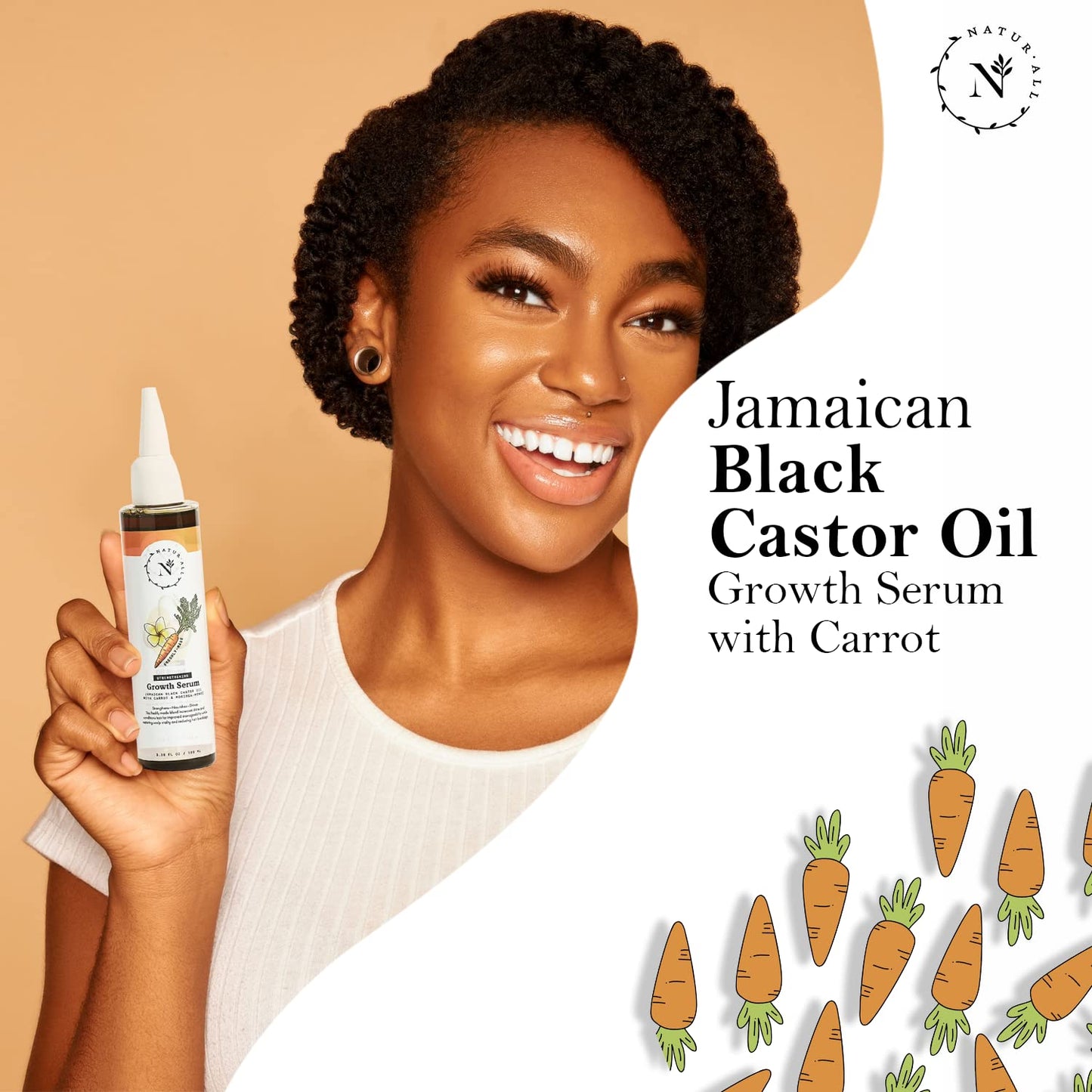 Naturall Jamaican Black Castor & Carrot Serum - 100% Natural Growth Serum for Curly, Dry & Damaged Hair - Silicone-Free Hair Strengthener (100ml)