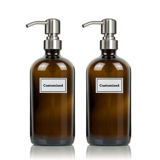 Artanis Home Glass Bottles With Stainless Steel Pumps and Customized Waterproof Labels, 16 oz Boston Round, Amber