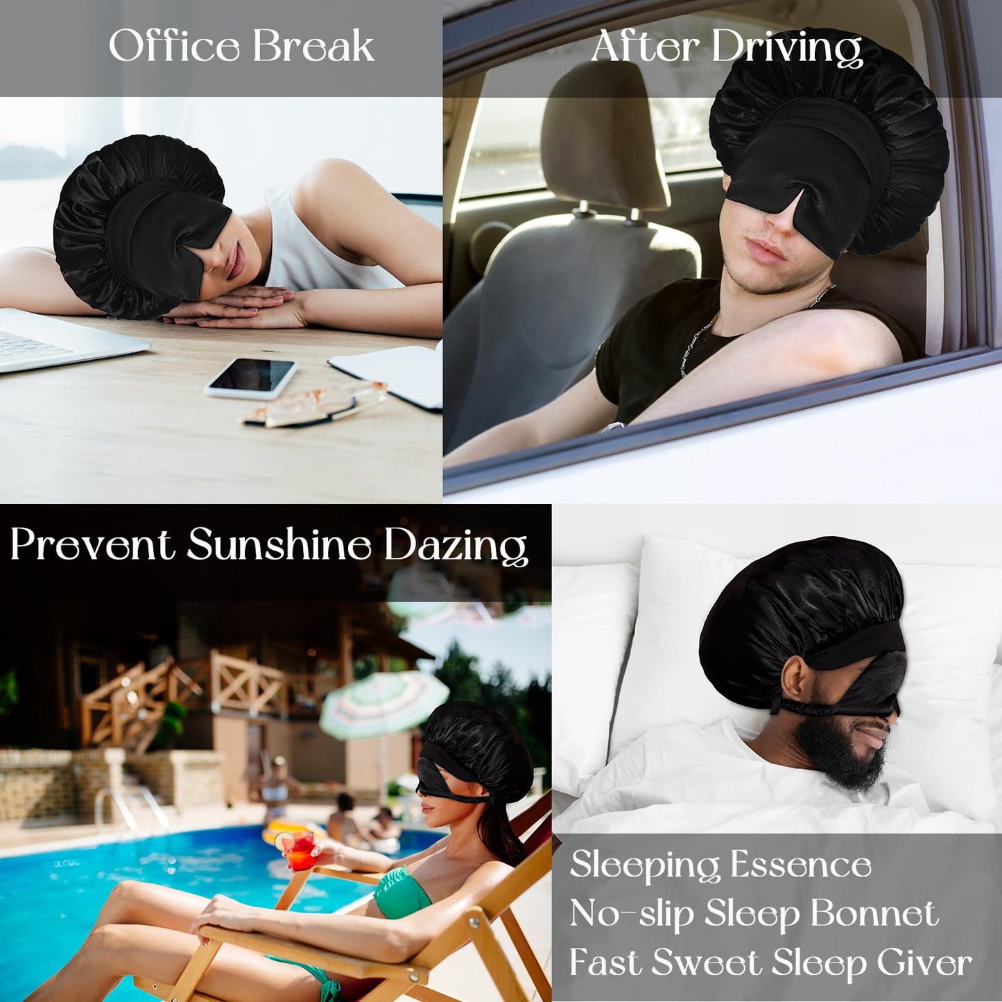 BONNET QUEEN Silk Bonnet for Sleeping Women Satin Bonnet with Eye Mask Non Slip Hair Bonnet for Curly Hair Night Sleep Cap Black