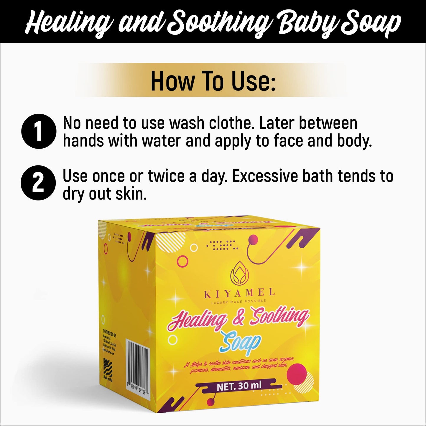 KIYAMEL Baby Healing & Soothing Soap Heals and Prevents Irritated, Dry and Eczema Prone Skin. Organic Shea Butter, Coconut and Sunflower Oil help to Soothe Dermatitis, Psoriasis and Chapped Skin.