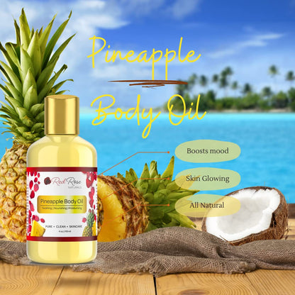 Red Rose Naturals Pineapple Body Oil, 100% Natural, Hydrating & Deep Moisturizing, Bath and Body Oil For Women, Tropical Long Lasting Fragrance, Vegan - 4 oz.