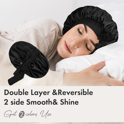 BONNET QUEEN Small Satin Bonnet Silk Bonnet for Sleeping Women Double Layer Reversible Hair Bonnet Adjustable Satin Lined Sleep Cap Wrap with Tie Band, Black