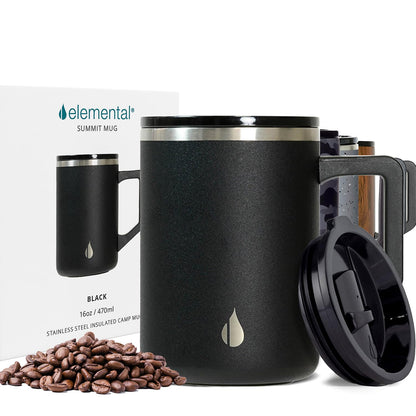 Elemental Insulated Coffee Mug - Triple-Wall Stainless Steel Summit Travel Cup for Hot and Cold Drinks - Thermal Coffee Mug with Lid and Handle for Camping, Office & Travel 16oz - Black