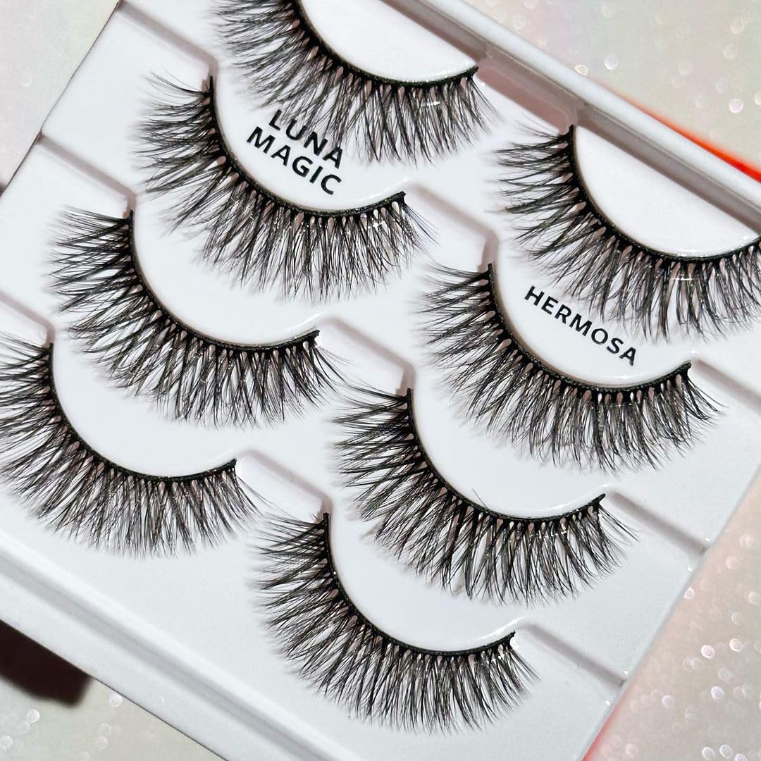 LUNA MAGIC Hermosa Faux Mink Lashes, Multipack, Voluminous 3-D Curl, Reusable, Wispy & Natural, Cruelty Free, 13MM, 4 Pairs