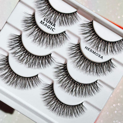 LUNA MAGIC Hermosa Faux Mink Lashes, Multipack, Voluminous 3-D Curl, Reusable, Wispy & Natural, Cruelty Free, 13MM, 4 Pairs