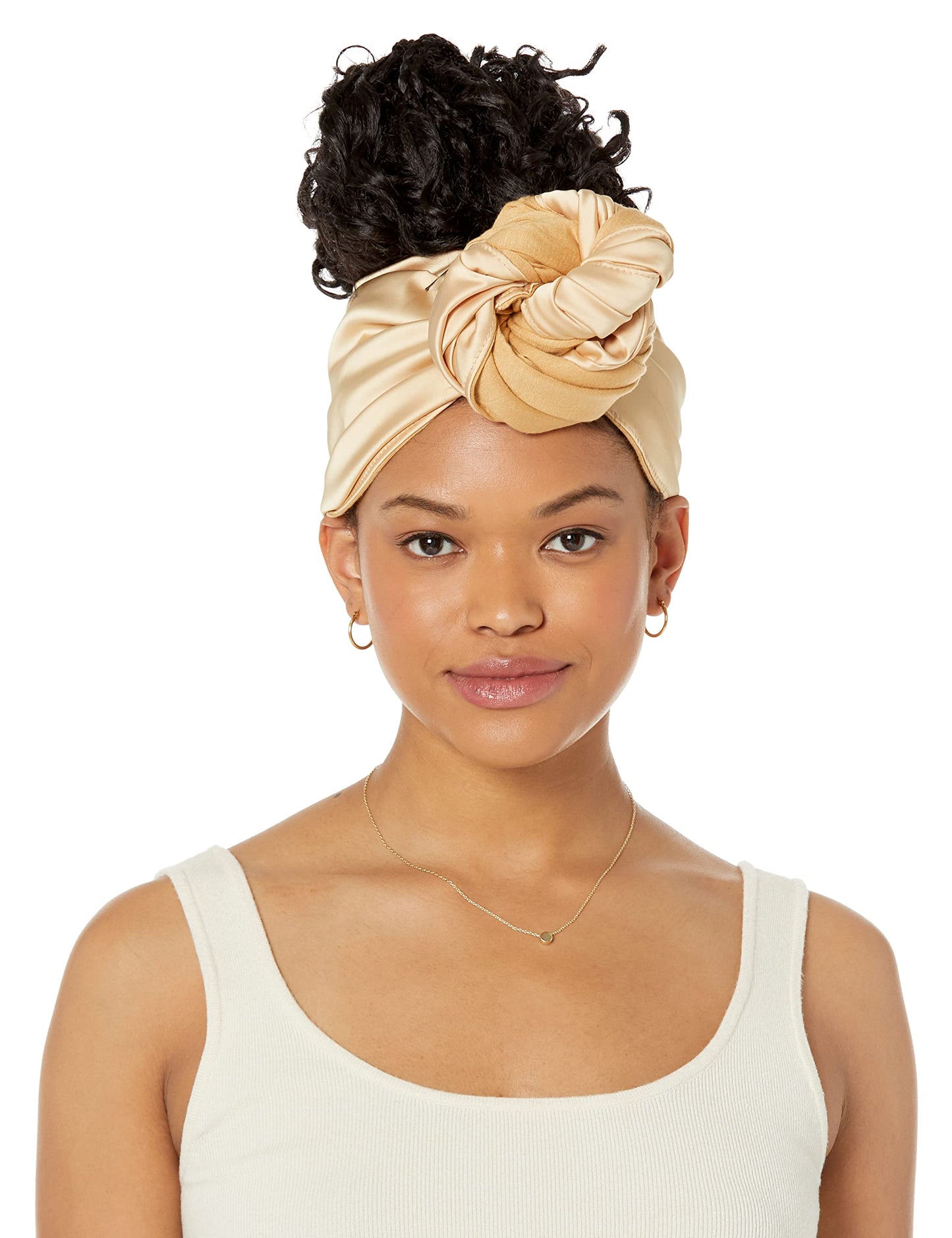 WRAPTSTYLE Satin Headband Top Knot Headwrap, Natural Hair, Adjustable Size, Easy Gentle Protective Scarf Head Wrap (Tan)