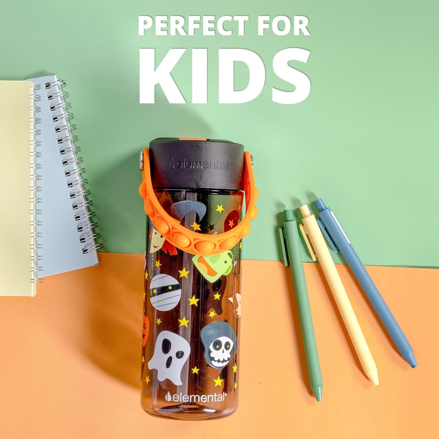 Elemental Leak Proof Water Bottles for Kids - Splash Kids Water Bottle for School with Pop-it Handle - BPA Free Tritan Plastic Reusable Water Bottle with Straw - Monster Party - 18oz