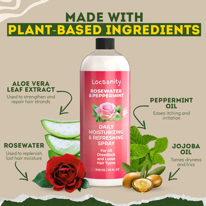 Locsanity Rosewater and Peppermint Daily Moisturizing Spray – Jumbo Size Hydrating Dreadlock Spray to Nourish the Scalp and Protect Hair From Oil and Buildup (32oz)