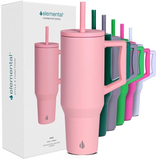 Elemental 40 oz Tumbler with Handle and Straw - Spill Proof Insulated Stainless Steel Commuter for Hot and Cold Beverages - Travel Coffee Mug with 2 Straws & Spill Proof Lid - 40oz - Rose