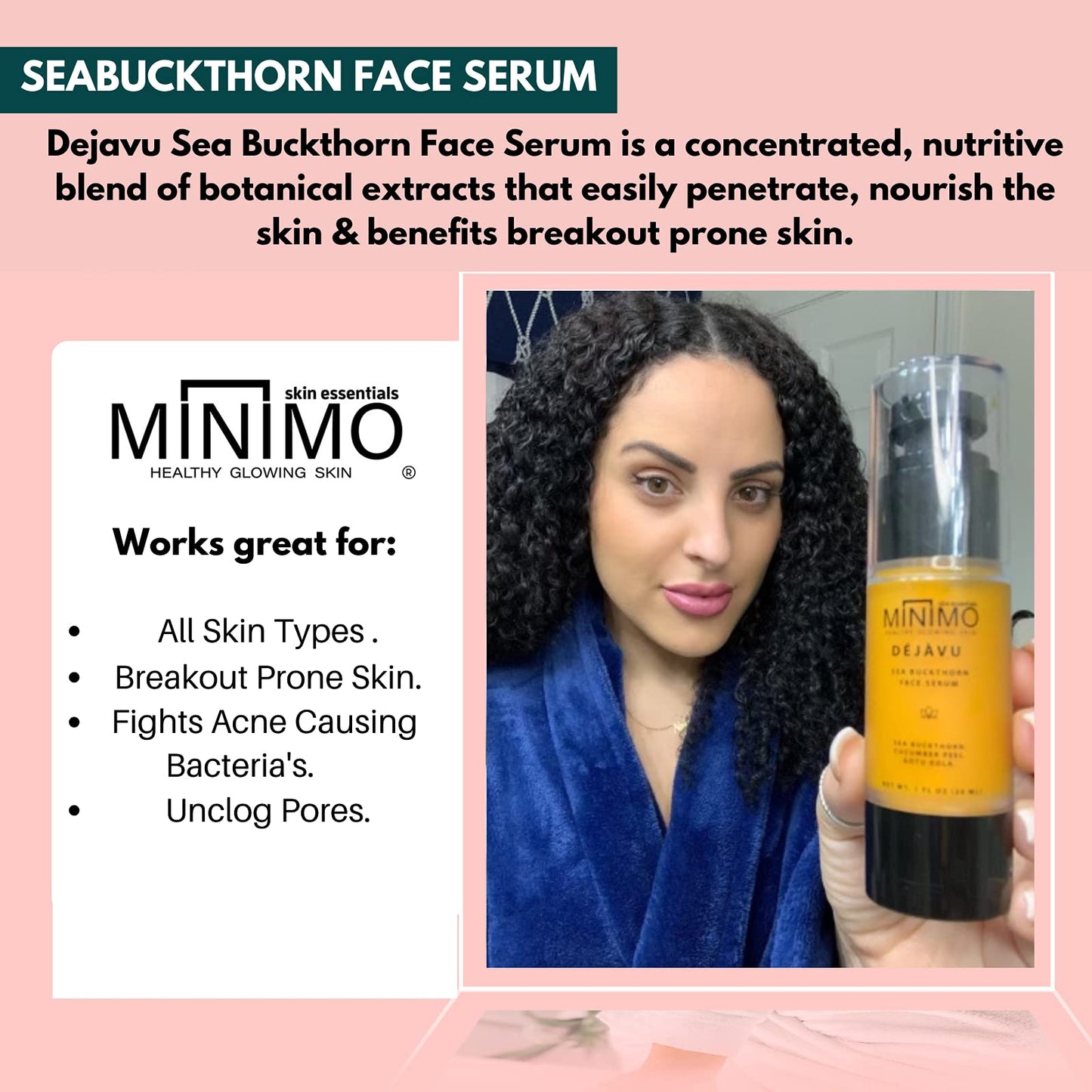 Minimo Skin Essentials DejaVu Sea Buckthorn Oil Serum for Bright Clear Skin | Seabuckthorn Oil for Face| Hydrating Facial Serum – Amazing for Sensitive Skin Made From Premium Sea Buckthorn Oil 1 oz