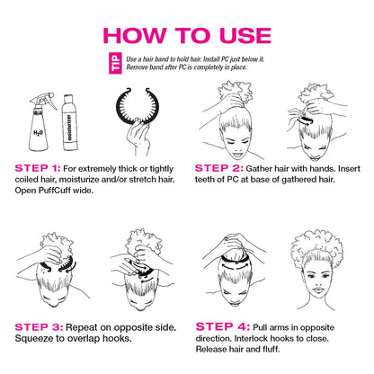 PuffCuff Just Try It Curlfriend!, Original 5”, Junior 3”, Mini 2.5” Micro 1.5” and Teeny 1.25”, For Thick, Curly, Textured Hair, Painless, Damage-Free Styling for Big Hair, Black