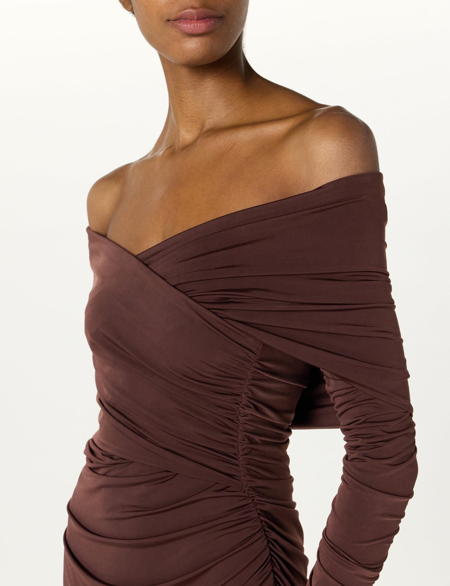 Sergio Hudson, Off Shoulder Layered Ruched Dress, 2, Chocolate
