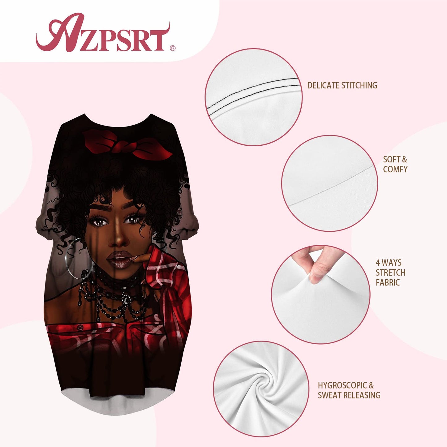 Women's Black History African American Hair Word Art Long Sleeve Pleated Loose Swing Casual Dresses with Pockets T Shirt Dress S