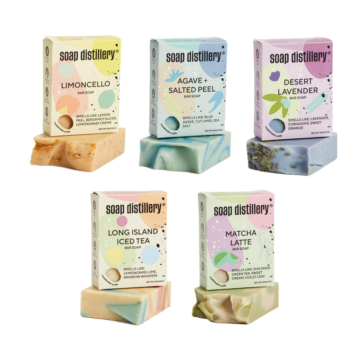 Soap Distillery Five Soap Bar Fresh Fragrance Variety Pack - Lavender, Agave, Limoncello (Lemon and Bergamot), Lemongrass Lime, Matcha Latte - Clean Fragrance