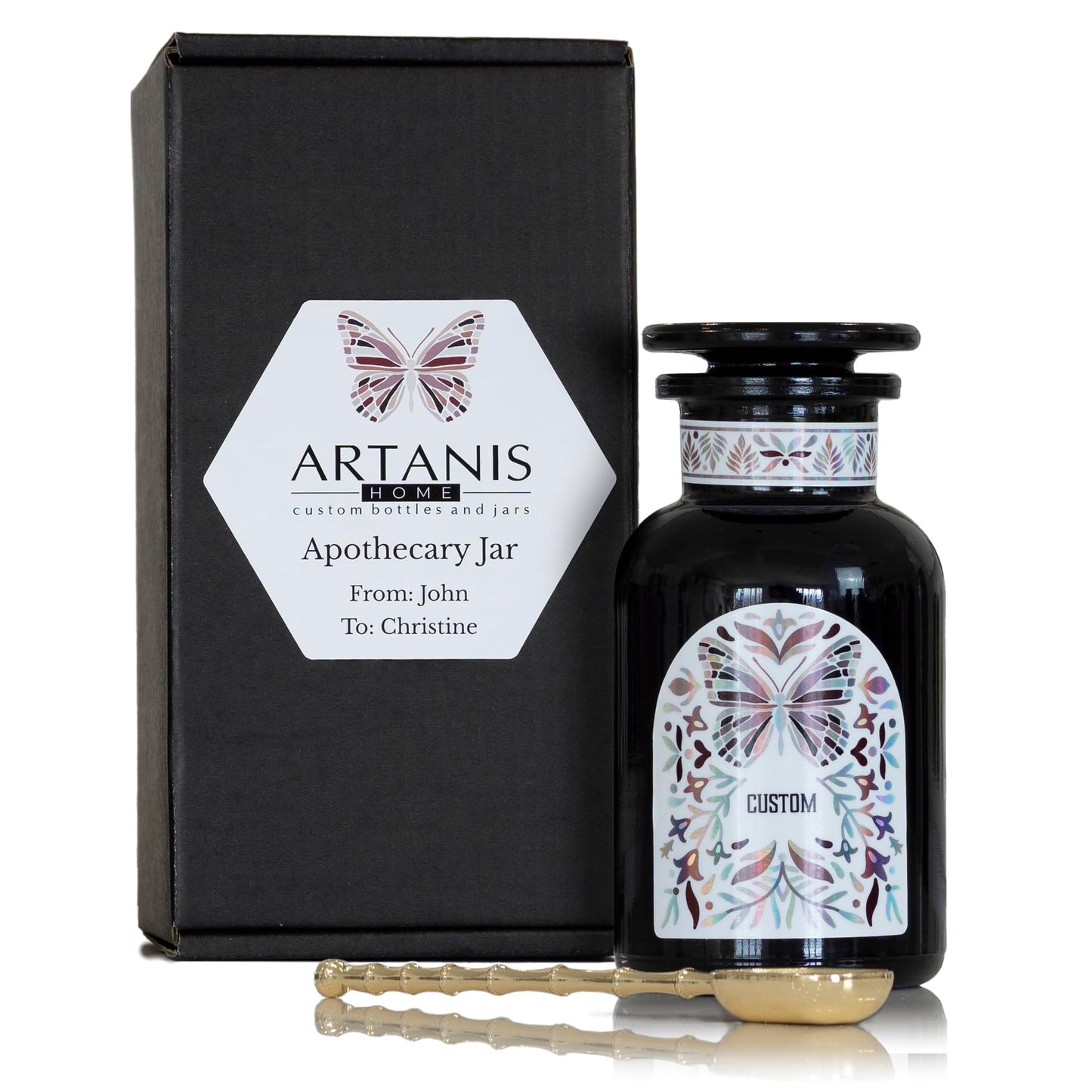 Artanis Home Custom Ultraviolet Glass Apothecary Jar, Gift for Tea Lovers, Airtight Glass Storage for Tea, Herbs, and Spices, with Lid, Custom Gift Box, and Spoon for Home Apothecary, 250 ml