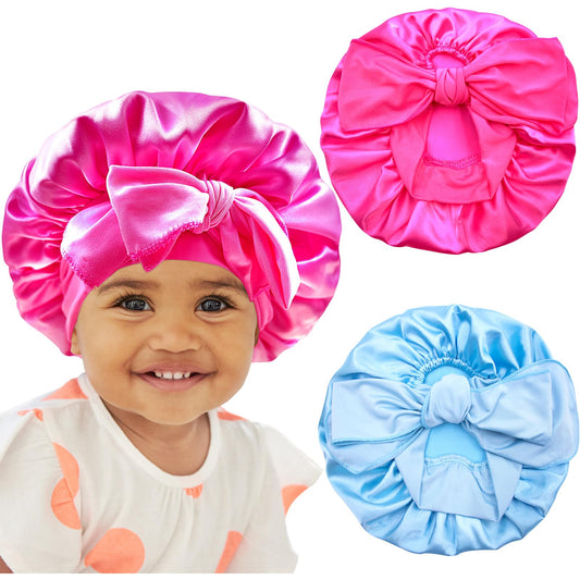 BONNET QUEEN Baby Bonnet Kids Bonnet Infant Satin Silk Hair Bonnets with Tie Band Bow for Girls 4~12 Years 2Pcs Light Blue+Hot Pink