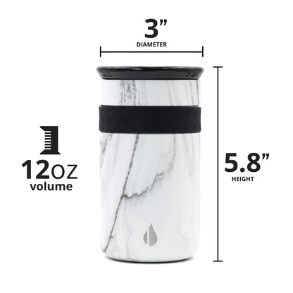 Elemental Artisan Insulated Tumbler, Triple Wall Coffee Travel Mug, Reusable Stainless Steel Coffee Tumbler with Ceramic Lid, Thermal Coffee Cups for Hot (6 Hrs) & Cold (18 Hrs), 12oz - White Marble