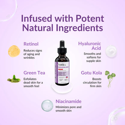 Nasola Pure Firming Retinol Serum with Hydrating Hyaluronic Acid & Gotu Kola for Wrinkles and Dark Spots, Renew and Reset Nighttime Facial Serum for a smoother, more radiant complexion, 2.02 Fl Oz