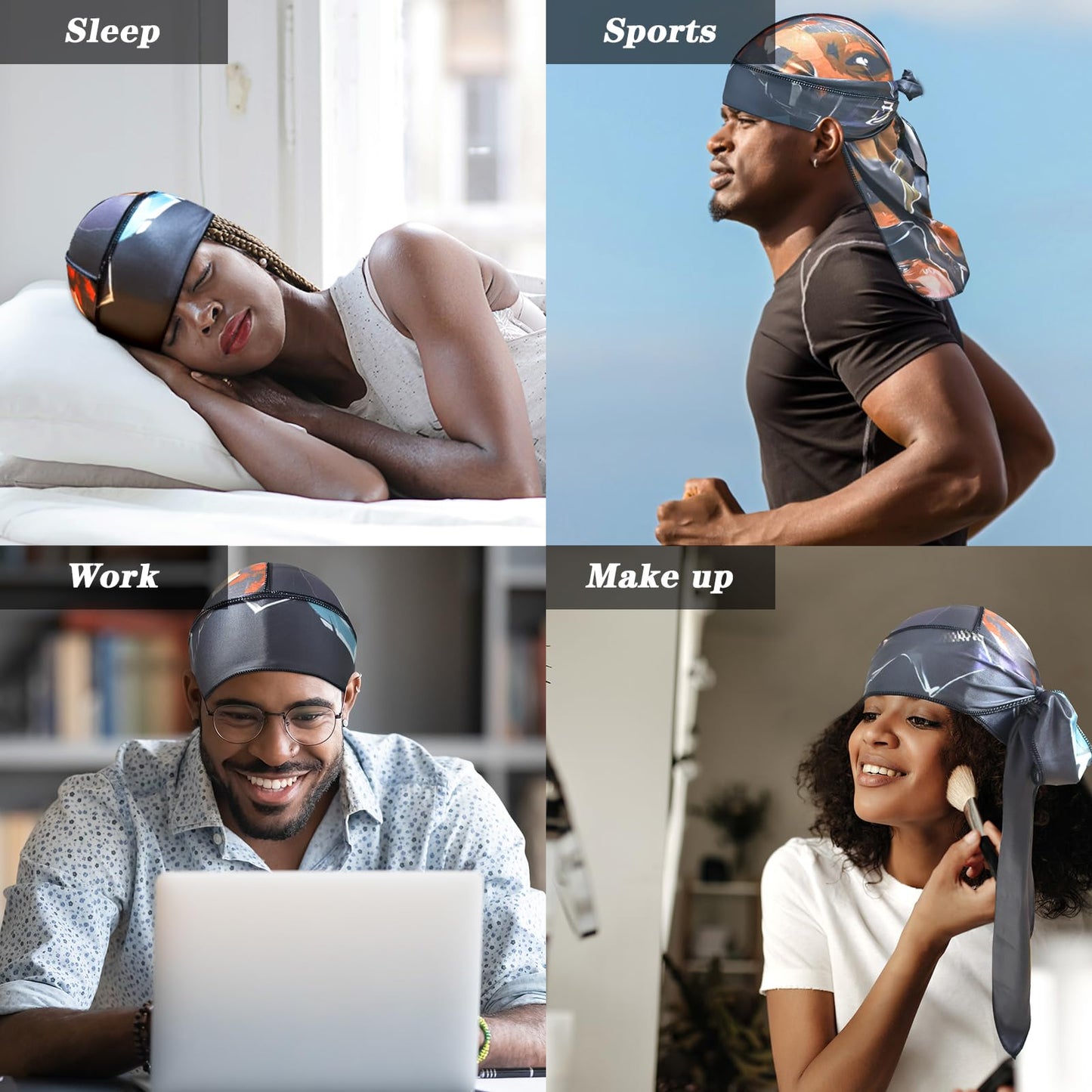 YARWAYER Silk Durags for Men Women, Printed Do Rag with Long Tail Durag Hip Hop Turban Breathable Bandana Hat Satin 360 waves Durag Do Doo Du Rag Headwrap