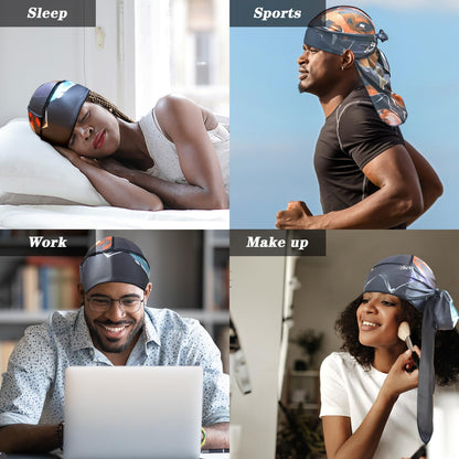 YARWAYER Silk Durags for Men Women, Printed Do Rag with Long Tail Durag Hip Hop Turban Breathable Bandana Hat Satin 360 waves Durag Do Doo Du Rag Headwrap
