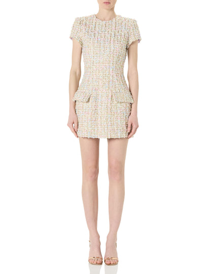 Sergio Hudson, Short Sleeve Tweed Mini Dress, 12, Silver