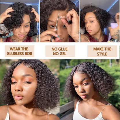 BLY 6x4 HD Lace Glueless Bob Wig Human Hair Ready to Wear and Go Short Bob Lace Pre Cut Wig Afro Kinky Curly 4C Hair 12 Inch for Women Pre Plucked Natural Black Color