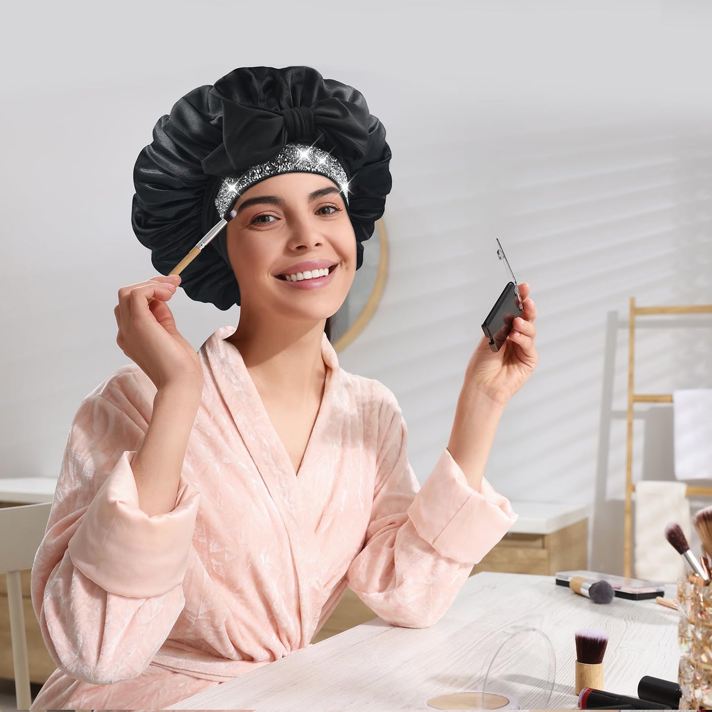 BONNET QUEEN Silk Bonnet and Rhinestone Bling Bonnet,Women Satin Bonnet Hair Bonnet Night Sleep Cap Hair Wrap for Curly Hair with Tie Band