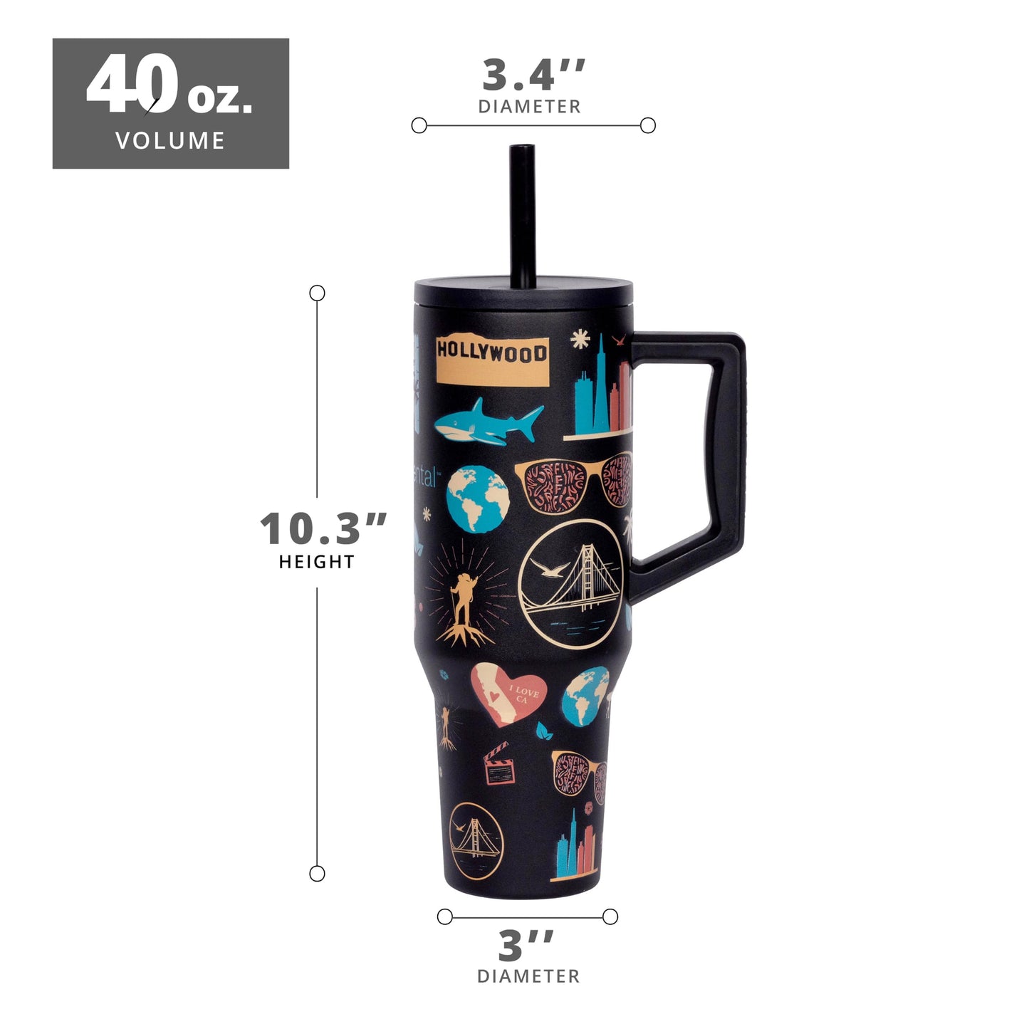 Elemental 40 oz Tumbler with Handle and Straw - Spill Proof Insulated Stainless Steel Commuter for Hot and Cold Beverages - Travel Coffee Mug with 2 Straws & Spill Proof Lid - 40oz-California Dreaming