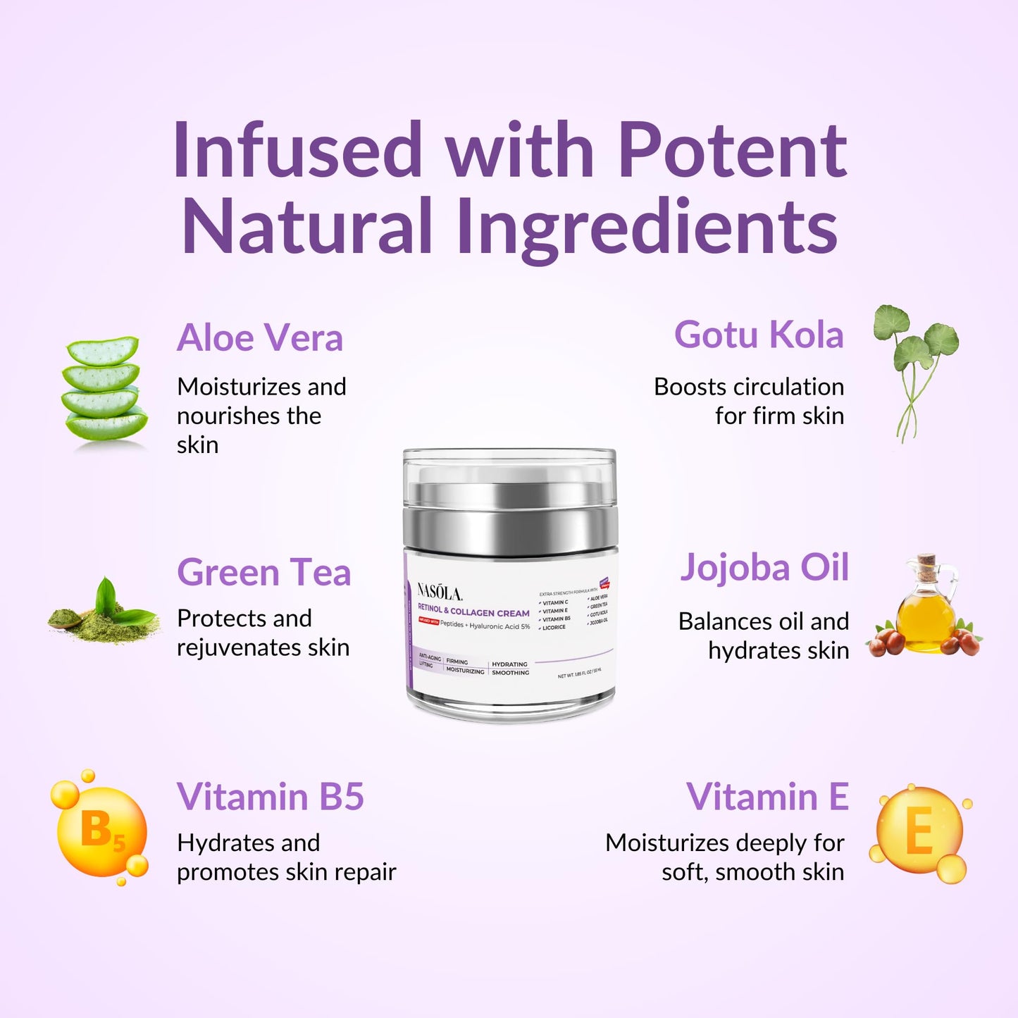 Nasola Retinol and Collagen Face Cream, Anti Aging Retinol Cream for Face Moisturizer with Hyaluronic Acid, Day & Night Collagen Cream Wrinkle Remover for Face, Contains Vitamin B5+E+C, 1.85 Fl Oz