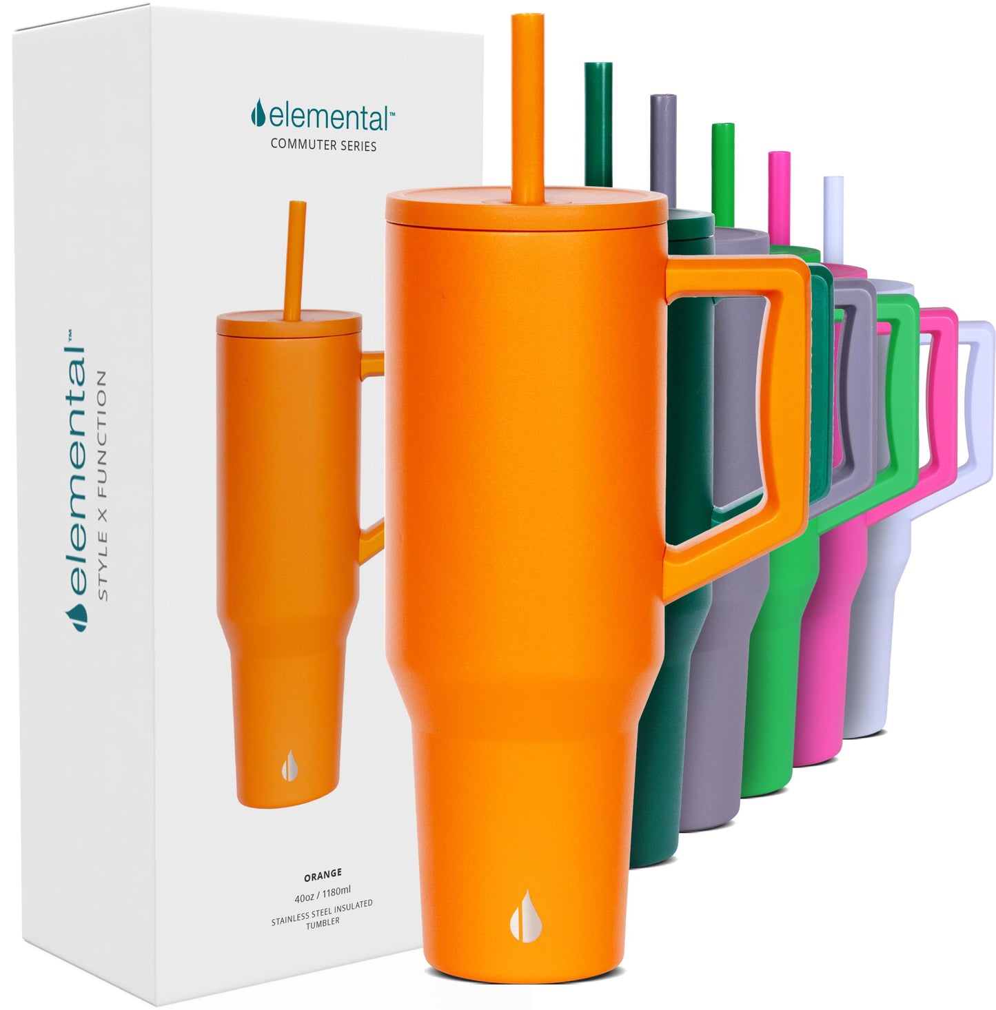 Elemental 40 oz Tumbler with Handle and Straw - Spill Proof Insulated Stainless Steel Commuter for Hot and Cold Beverages - Travel Coffee Mug with 2 Straws & Spill Proof Lid - 40oz - Orange