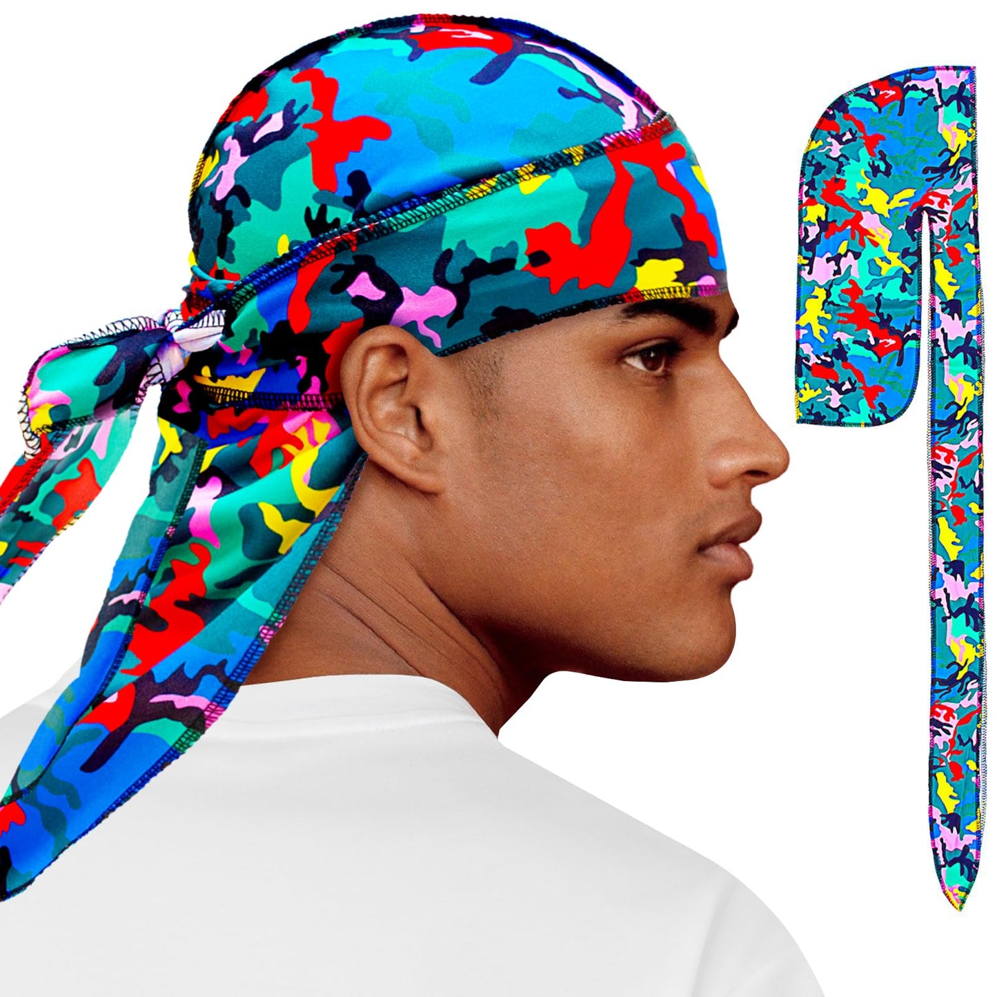 Silky Durag for Men Women Camouflage Do Rag with Long Tail Silky Hip Hop Turban Breathable Wave Cap Full Body Girl Headwrap Joorag